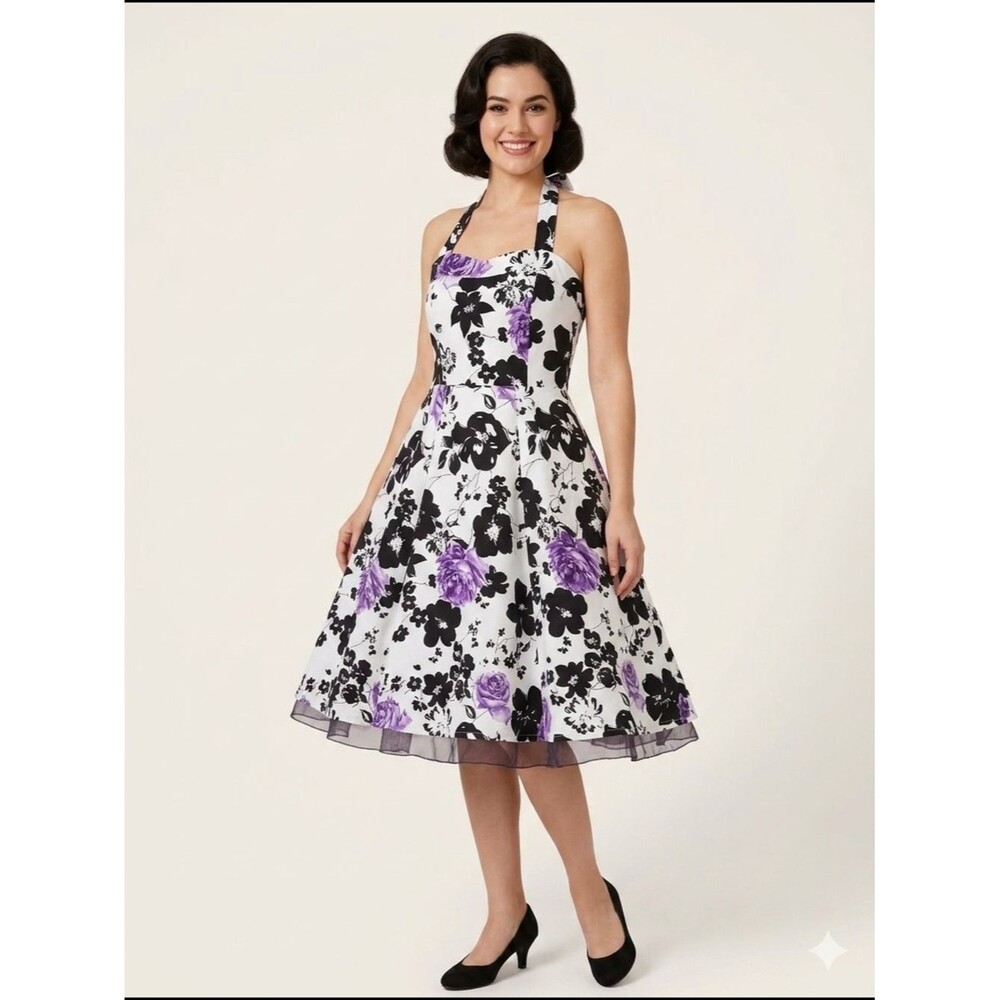 Halter Floral Fit-and-Flare Swing Dress in White and Purple Floral Lg